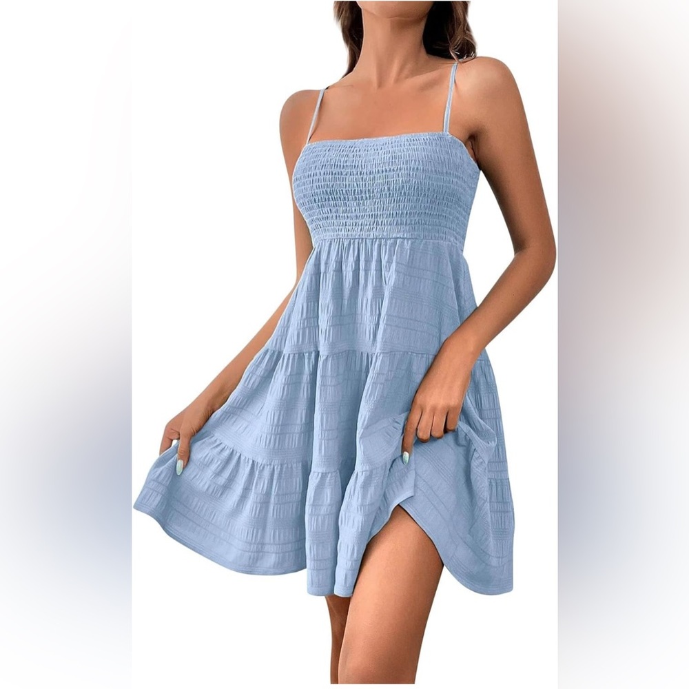 Short Smocked Blue Women's Babydoll Dress
